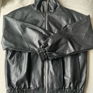 Men's Black Faux Leather Bomber Jacket